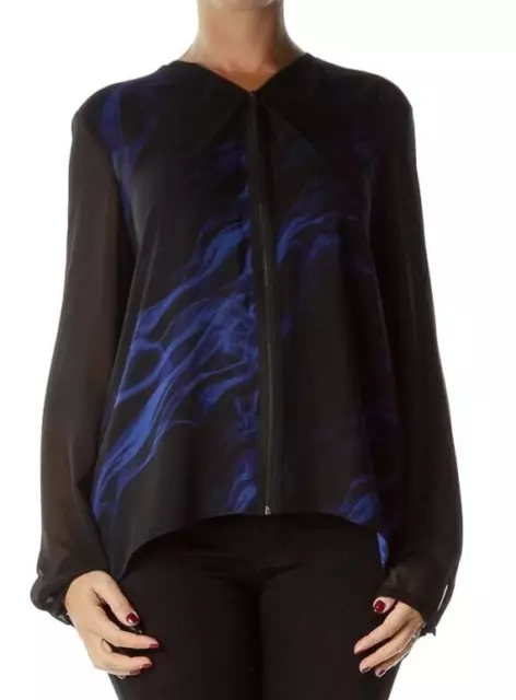 T Tahari Austin Front Zippered Blouse Top Printed Blue Black Sheer L Large