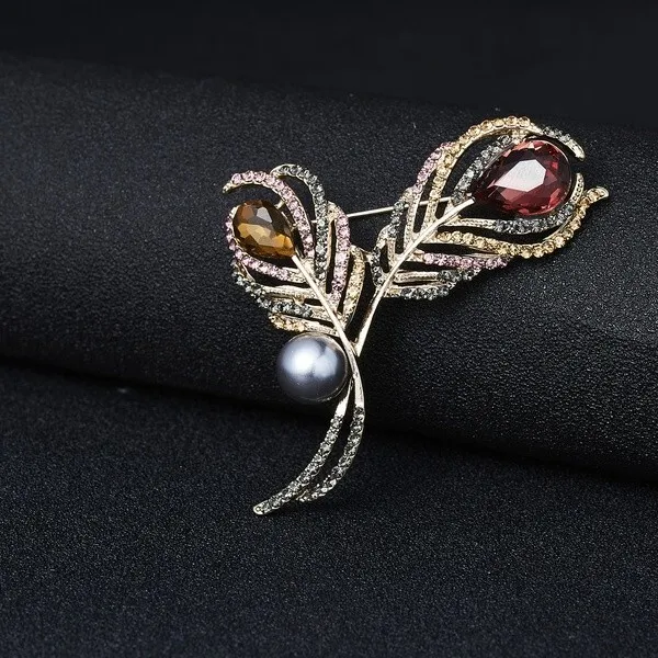 Feather Pin Brooch Peacock Amber, Grey and Plum Rhinestones & Pearl Gold Tone