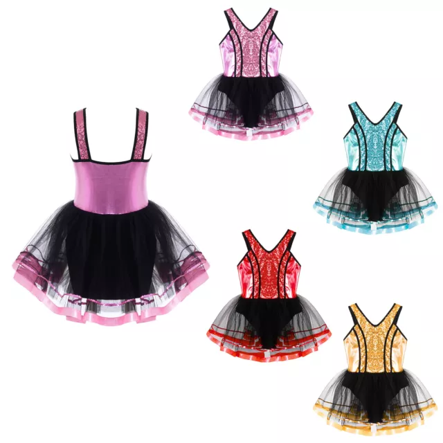 Girls Sequin Ballet Dance Dress Glitter Tutu Skirted Leotard Dancewear Costume
