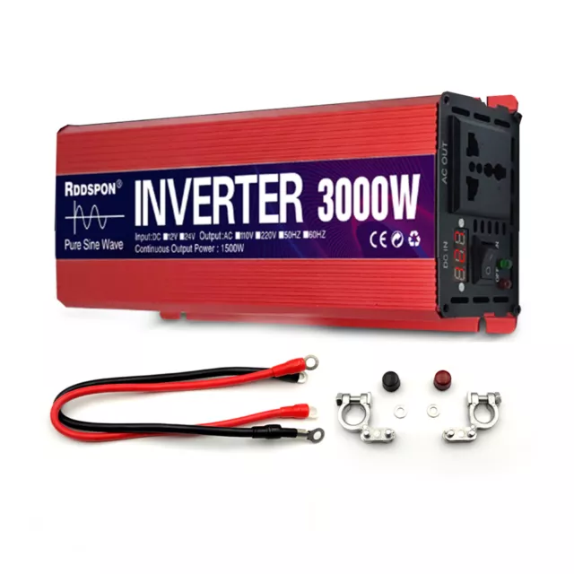 Pure Sine Inverter DC 24V to AC 220V Camping Converter 3000W 1500W LCD Generator