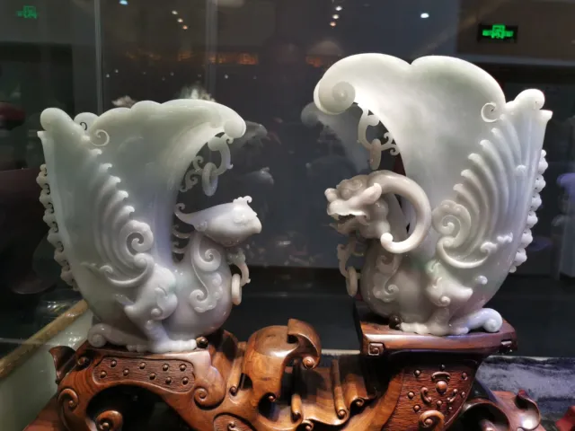 Chinese Exquisite Handmade Dragon and Phoenix carving Jadeite Jade Statue