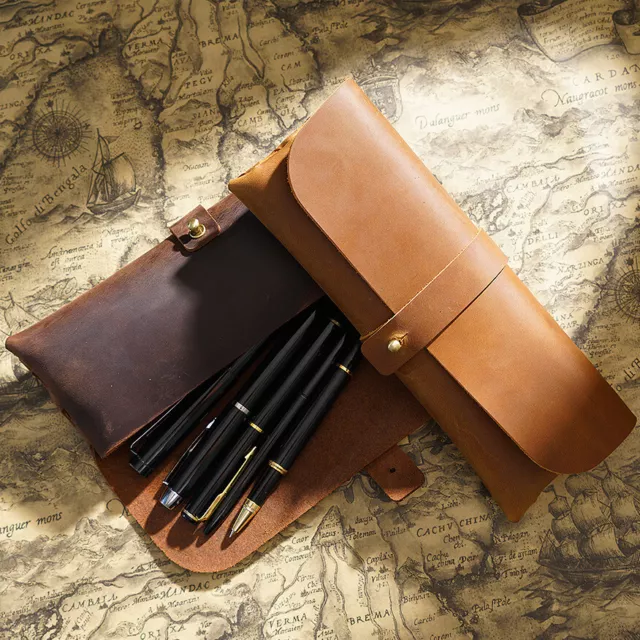 Handmade Cowhide Leather Vintage Zipper Pen Pencil Case Stationery Storage  Bag