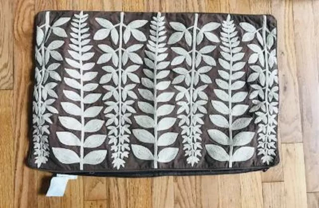 Pottery Barn Crewel Embroidered Lumbar Pillow Cover Brown Ivory 16x26 Fern Rare