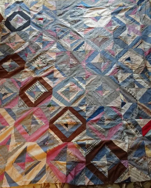 Early 1900's QUILT TOP All Hand Stitched Old Fabrics Unique Design AS IS 71x82