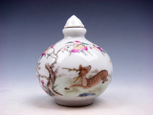 Famille-Rose Glazed Porcelain Snuff Bottle Running Deer Bat Peach Tree #05242308