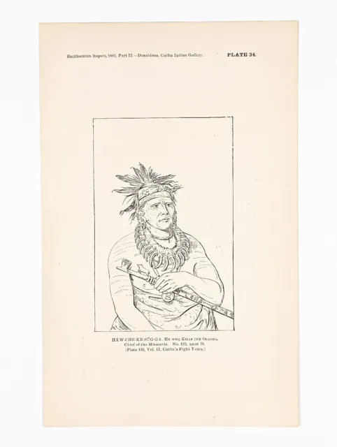1885 Missouria Indian Chief He Who Kills Osage Engraving Catlin Native American