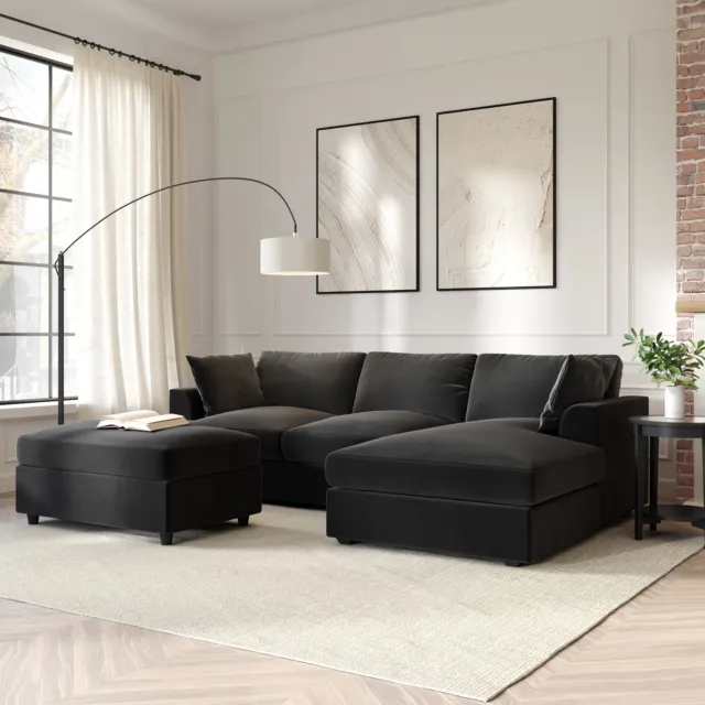 Charcoal Velvet Corner Chaise Right Hand Facing Sofa and Footst BUN/SOF141/91031