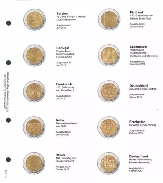 Lindner 1118-10 Vordruckblatt 2 EURO Gedenkmünzen Belgien 2012 bis BRD 2/2013