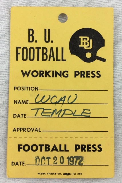 CFB 1972 10/20 Temple at Boston University Working Press Football Credential
