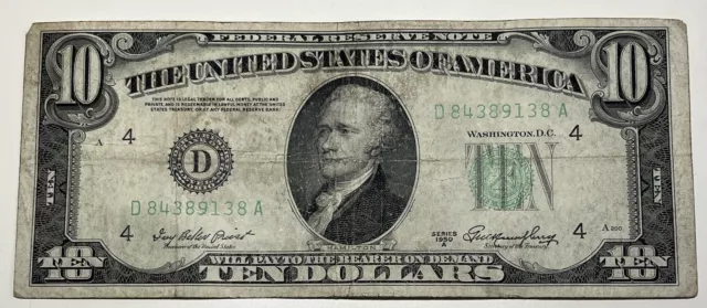 1950 A $10 Ten Dollar Bill Federal Reserve Note  Cleveland Vintage Old Currency