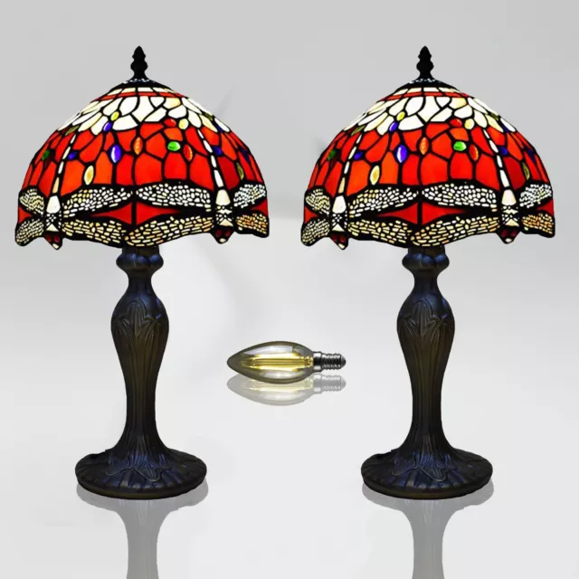 Pair of Tiffany Style Table Lamps 10 Inch Shade Glass Dragonfly Multicolour Art