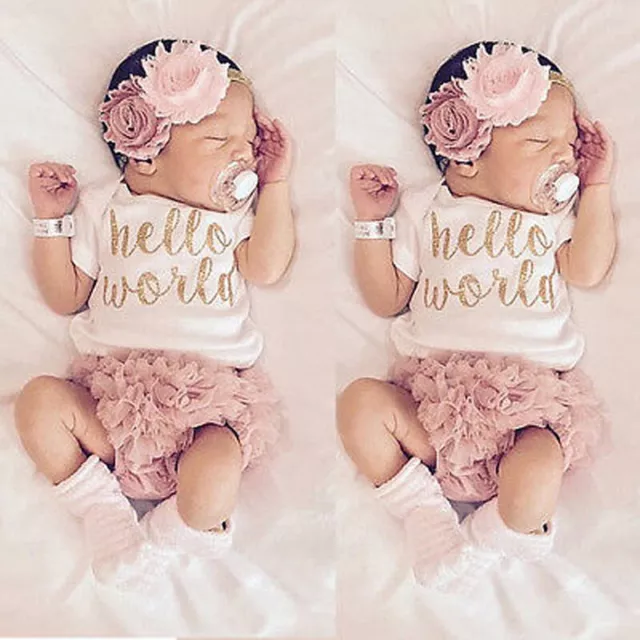 Newborn Baby Girl Hello World Romper Jumpsuit Bodysuit Headband Clothes Outfit