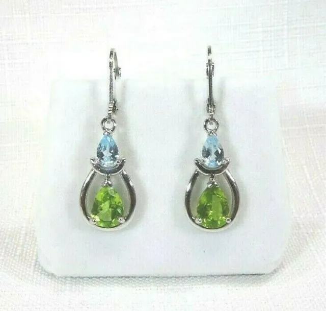 2.84 ct Natural Peridot & Blue Topaz Solid Sterling Silver Leverback Earrings