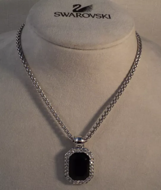 Signed Swan Swarovski Rhodium Black Rectangular Pendant Necklace