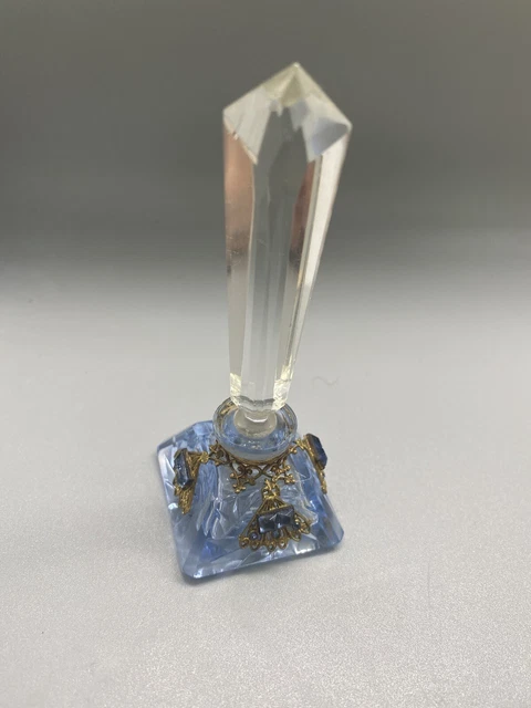 Miniature Jeweled & Filigreed Czech Perfume Bottle with Hand Cut Stopper Etched