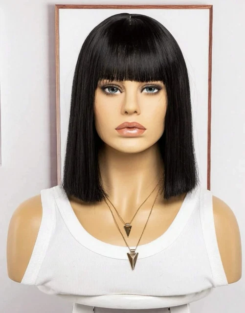 Perruque Synthétique Courte Carré Noir – 30 Cm, Frange, Avec 4 Bonnets, Neuve
