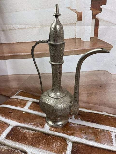 Vintage Solid Brass Teapot Genie Lamp Pitcher Made in India Tall Ornate Etched