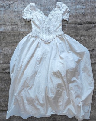 Vintage 90s Wedding Dress White Short Sleeve Bridal Womens Long