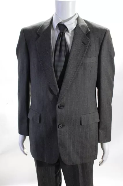 Hart Schaffner Marx Mens Two Button Notched Lapel Striped Suit Gray Wool Size 42 2