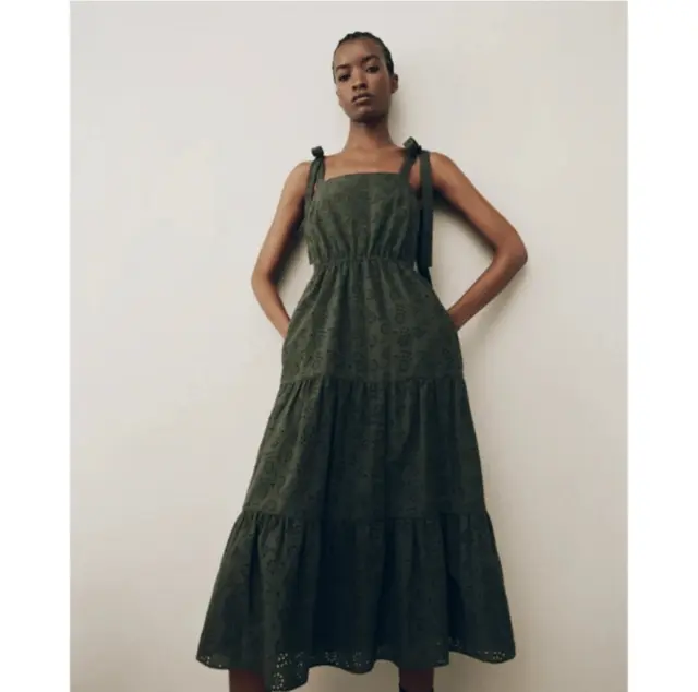 Jason Wu Womens Eyelet Tiered Long Dress Size L Green Cotton Coastal Smoked