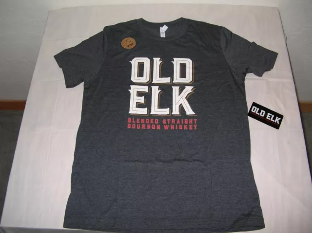 Old Elk Blended Straight Bourbon Whiskey Gray T-Shirt Large + Sticker   NEW