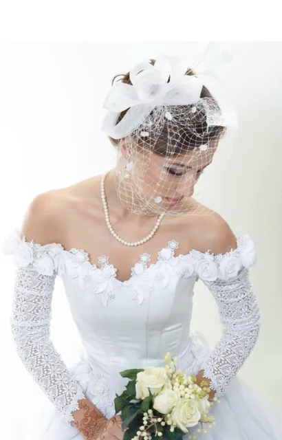 White Feather Mesh Bow Fascinator Veil Hat Hair Clip Wedding Tea Cocktail Party