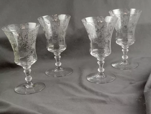 Set Of 4 Cambridge Glass Rosepoint Etch #3500 Stem 6-1/2" Water Wine Goblets