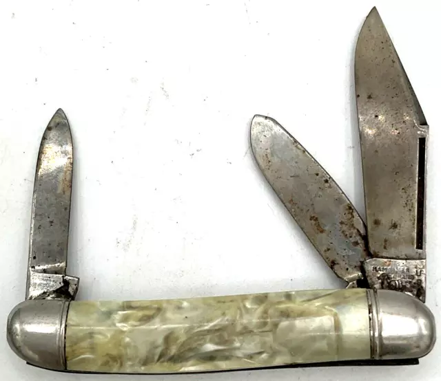 Vintage Hammer Brand USA 3 Blade Pocketknife Fabricated Mother Pearl Handle 3.5”