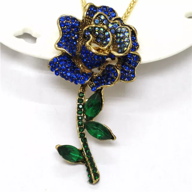 Fashion Women Blue Rhinestone Rose Vintage Crystal Pendant Sweater Necklace