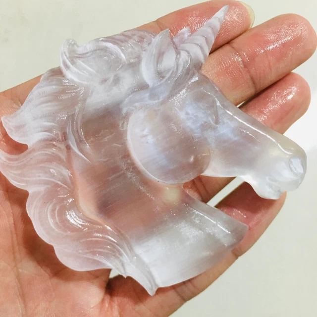 Natural selenite Quartz Crystal  Unicorn carved Skull Reiki Healing 1pc