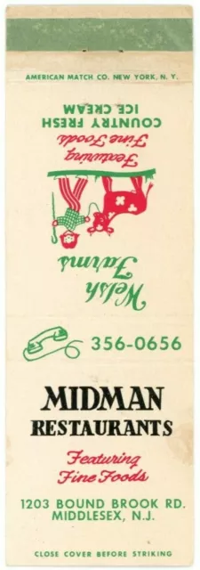 Midman Restaurants Feat. Fine Foods, Fresh Ice Cream, NJ Vintage Matchbook Cover