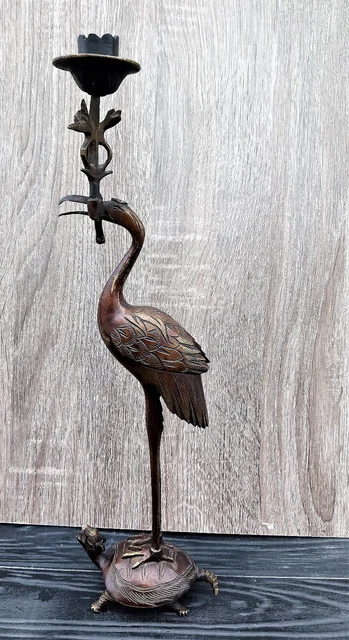 Manifique Bougeoir Grue Sur Tortue En Bronze Probablement Du Japon Autour 1900