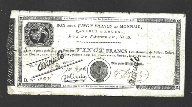 20 FRANCS VG BANKNOTE FROM FRANCE/ROUEN 1803  PICK-S245b