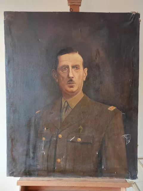 Peinture Toile Portrait Général De Gaulle rare  Après-guerre Signé Jean SCHUSTER