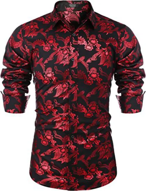 COOFANDY Mens Luxury Design Floral Dress Shirt Casual MEDIUM Paisley Red