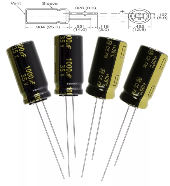 4x Panasonic FM 1000uF 35v Low-ESR radial capacitors caps 105C 12.5mm 12.5x25