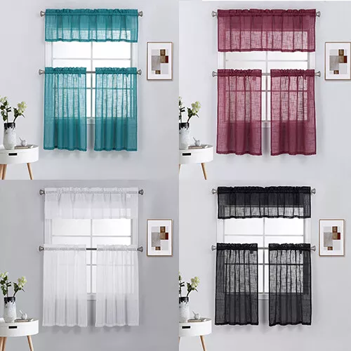 3 Piece Rod Pocket Linen Semi Sheer Kitchen Window Curtain Tiers and Valance Set