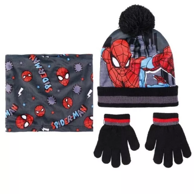 Spiderman Marvel da 3 - 7anni Cappello Pompon con Scaldacollo Guanti Invernale