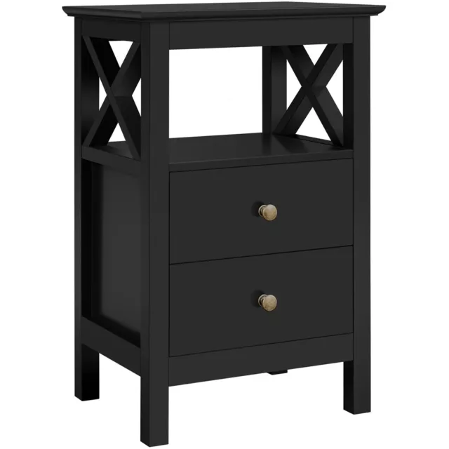Black Bedside Table X-shaped Nightstand Sofa Side End Table with Drawers & Shelf