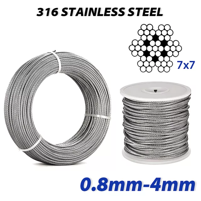 STAINLESS Steel AISI 316 Wire Rope Cable Rigging 0.8mm 1mm 1.5mm 2mm 3mm 4mm