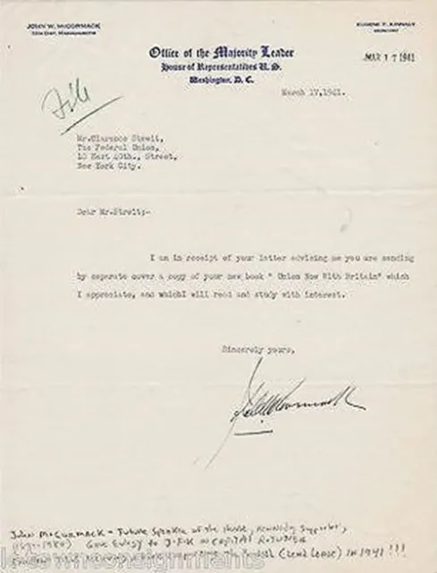 John McCORMACK Massachusetts Congress Vintage Autograph Signed Letter 1941