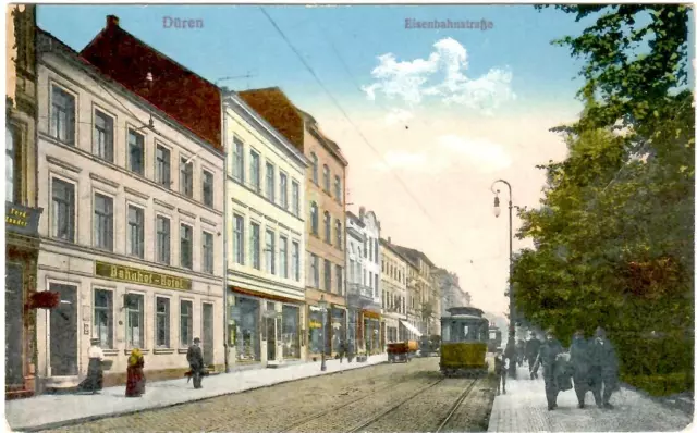 AK Düren - Eisenbahnstraße - farbig, Tram, Straßenbahn, ca. 1918