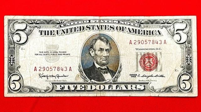 1963 FIVE Dollar Bill $5 Red Seal & Serial Old USA Paper Currency Banknote Money