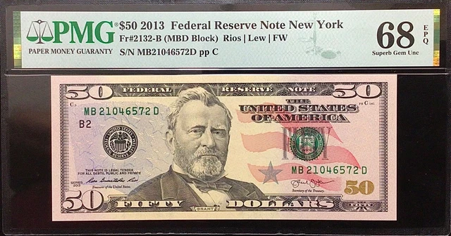 2013 $50 U.S. Federal Reserve Bank Note "NEW YORK" PMG Superb Gem Unc 68 EPQ 👍