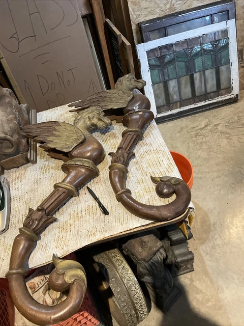 pair Carved, Antique, Oak, Winged Griffin 30” x 15” x 4”