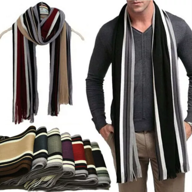 Mens Cashmere Striped Scarf Winter Soft Fringe Tassel Long Shawl Stole Neck Wrap