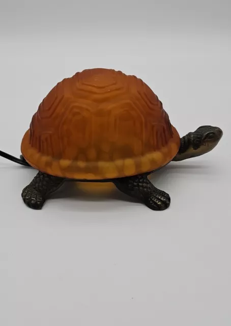 Vintage Tiffany Style Stained Glass & Brass Turtle Table Accent Light Amber