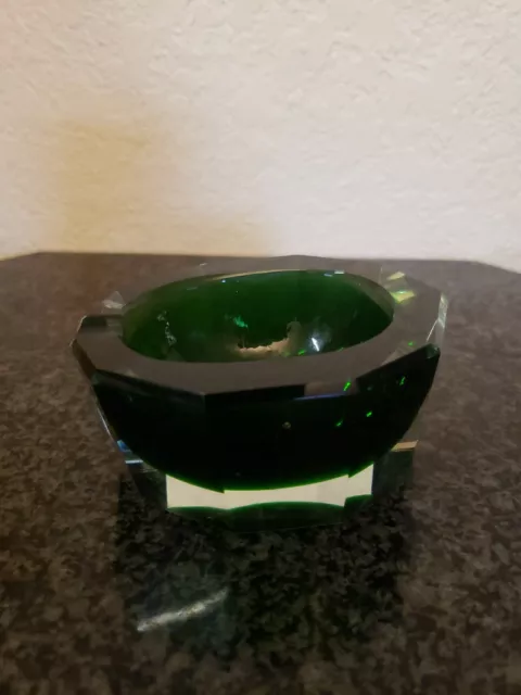 Vintage MCM art glass Green cut clear  Faceted Ashtray
