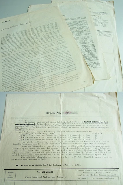 3 DOCUMENTS VIENNE 1872 Genossenschaftsbank Julius Hainisch,Leopold