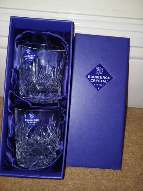 BOXED SET of TWO NEW EDINBURGH CRYSTAL CUT WHISKY GLASSES